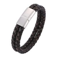 Cowhide Bracelets, Stainless Steel, with Split Layer Cowhide Leather, Double Layer & fashion jewelry & Unisex, dark grey 