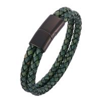 Cowhide Bracelets, Stainless Steel, with Full Grain Cowhide Leather, Double Layer & fashion jewelry & Unisex, green 