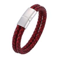 Cowhide Bracelets, Stainless Steel, with Full Grain Cowhide Leather, Double Layer & fashion jewelry & Unisex, red 