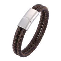 Cowhide Bracelets, Stainless Steel, with Split Layer Cowhide Leather, Double Layer & fashion jewelry & Unisex, brown 