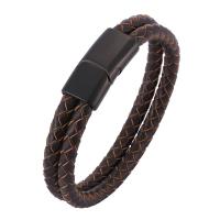 Cowhide Bracelets, Stainless Steel, with Split Layer Cowhide Leather, Double Layer & fashion jewelry & Unisex, brown 