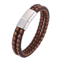 Cowhide Bracelets, Stainless Steel, with Full Grain Cowhide Leather, Double Layer & fashion jewelry & Unisex, black and brown 
