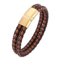 Cowhide Bracelets, Stainless Steel, with Full Grain Cowhide Leather, Double Layer & fashion jewelry & Unisex, black and brown 