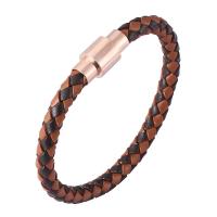 Cowhide Bracelets, Stainless Steel, with Full Grain Cowhide Leather, fashion jewelry & Unisex, black and brown 
