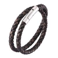 Cowhide Bracelets, Stainless Steel, with Full Grain Cowhide Leather, Unisex, dark grey 