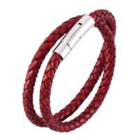 Cowhide Bracelets, Stainless Steel, with Full Grain Cowhide Leather, Unisex, red 