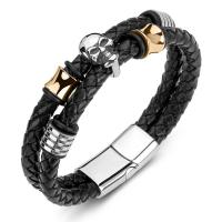 PU Leather Cord Bracelets, Stainless Steel, with PU Leather, Double Layer & fashion jewelry, black 