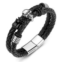 PU Leather Cord Bracelets, Stainless Steel, with PU Leather, Double Layer & fashion jewelry, black 