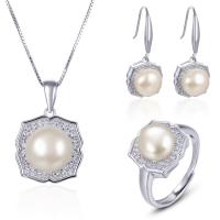 Cubic Zirconia Micro Pave Sterling Sliver Jewelry Sets, 925 Sterling Silver, pendant & finger ring & earring, with Freshwater Pearl, platinum plated & micro pave cubic zirconia & for woman  9mm, US Ring .5 