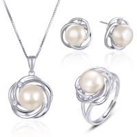 Cubic Zirconia Micro Pave Sterling Sliver Jewelry Sets, 925 Sterling Silver, Stud Earring & pendant & finger ring, with Freshwater Pearl, platinum plated, adjustable & micro pave cubic zirconia & for woman  5.2mm, 9mm, US Ring .5-9 