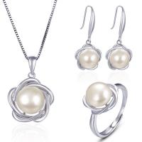 Fashion Sterling Silver Jewelry Sets, 925 Sterling Silver, pendant & finger ring & earring, with Freshwater Pearl, Flower, platinum plated, adjustable & for woman  2.5mm, 9mm, US Ring .5-8 