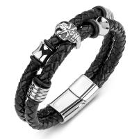 PU Leather Cord Bracelets, Stainless Steel, with PU Leather, Double Layer & fashion jewelry & for man, black 