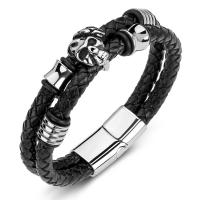 PU Leather Cord Bracelets, Stainless Steel, with PU Leather, Double Layer & fashion jewelry & for man, black 