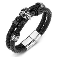 bracelet de cordon en PU , acier inoxydable, avec cuir PU, Double couche & bijoux de mode & pour homme, noire, Vendu par PC