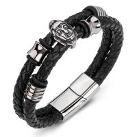 bracelet de cordon en PU , acier inoxydable, avec cuir PU, Double couche & bijoux de mode & pour homme, noire, Vendu par PC