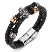 PU Leather Cord Bracelets, Stainless Steel, with PU Leather, Double Layer & fashion jewelry & for man, black 