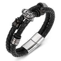 PU Leather Cord Bracelets, Stainless Steel, with PU Leather, Double Layer & fashion jewelry & for man, black 