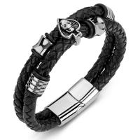 bracelet de cordon en PU , acier inoxydable, avec cuir PU, Double couche & bijoux de mode & pour homme, noire, Vendu par PC