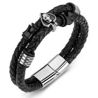 PU Leather Cord Bracelets, Stainless Steel, with PU Leather, Double Layer & fashion jewelry & for man, black 