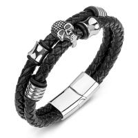 bracelet de cordon en PU , acier inoxydable, avec cuir PU, Double couche & bijoux de mode & pour homme, noire, Vendu par PC