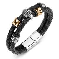 PU Leather Cord Bracelets, Stainless Steel, with PU Leather, Double Layer & fashion jewelry & for man, black 