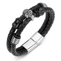 PU Leather Cord Bracelets, Stainless Steel, with PU Leather, Double Layer & fashion jewelry & for man, black 