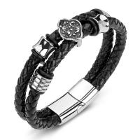 PU Leather Cord Bracelets, Stainless Steel, with PU Leather, Double Layer & fashion jewelry & for man, black 