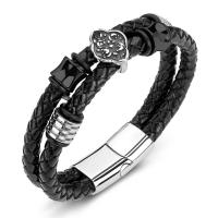 PU Leather Cord Bracelets, Stainless Steel, with PU Leather, Double Layer & fashion jewelry & for man, black 