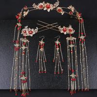 Zinc Alloy Hair Jewelry Set, Headband & hair stick & earring, with Crystal & Glass Pearl, gold color plated, vintage & three pieces & fashion jewelry & for woman, red 110mm 