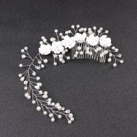 Decorative Hair Combs, Zinc Alloy, with Polymer Clay & Glass Pearl, Flower, silver color plated, for woman, white 