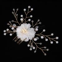 Decorative Hair Combs, Zinc Alloy, with Crystal & Glass Pearl, Flower, gold color plated, for woman, white 