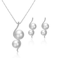 Rhinestone Zinc Alloy Jewelry Set, earring & necklace, with pearl & Rhinestone, for woman, silver color, 400mm 