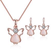 Rhinestone Zinc Alloy Jewelry Set, earring & necklace, with Cats Eye & Rhinestone, for woman, pink, 400mm 
