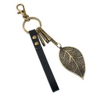 Zinc Alloy Key Clasp, with Faux Leather & iron chain, Leaf, antique bronze color plated, Unisex, black 