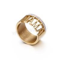 Rhinestone Stainless Steel Finger Ring, with Rhinestone Clay Pave, 18K gold plated & with letter pattern & for woman 12mm 