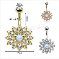 Brass Belly Ring, with Opal, Flower, stoving varnish, micro pave cubic zirconia & for woman 