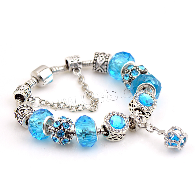 Zinc Alloy European Bracelets, with Plastic, plated, different size for choice & for woman & with rhinestone, blue, Sold By Strand