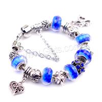 Zinc Alloy European Bracelets, with Lampwork & Brass, plated & for woman & with rhinestone, blue 