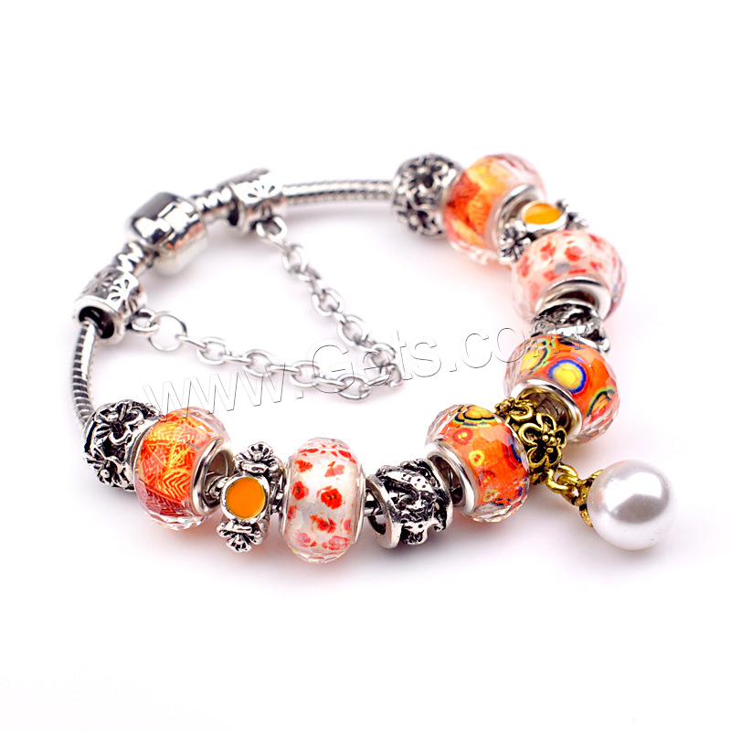 Zinc Alloy European Bracelets, with Lampwork & Brass, plated, different size for choice & for woman, reddish orange, Sold By Strand