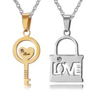 Couple Stainless Steel Necklace, Lock and Key, plated, 2 pieces & oval chain & micro pave cubic zirconia & for woman  Approx 19.6 Inch 