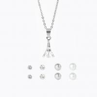 Fashion Zinc Alloy Jewelry Sets, Stud Earring & necklace, with Glass Pearl, silver color plated, 5 pieces & cross chain & micro pave cubic zirconia & for woman 5mm,7mm,9mm,10mm Approx 17.7 Inch 