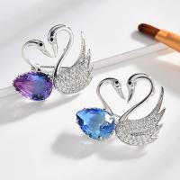 Brass Brooch, Swan, silver color plated, gradient color & micro pave cubic zirconia & for woman 