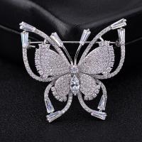 Brass Brooch, Butterfly, platinum plated & micro pave cubic zirconia & for woman 
