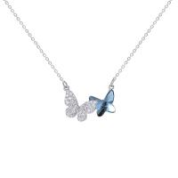Cubic Zircon Micro Pave Sterling Silver Necklace, 925 Sterling Silver, with 2.4inch extender chain, Butterfly, platinum plated, oval chain & micro pave cubic zirconia & for woman, blue Approx 17.7 Inch 