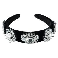 Hair Bands, Pleuche, Irregular Square Strip, with plastic pearl & with cubic zirconia & with rhinestone, black 