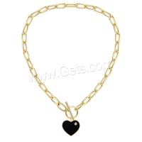 Rhinestone Brass Necklace, Heart, 14K gold plated, rectangle chain & for woman & with rhinestone, black, 6mm,16mm Approx 16.5 Inch 
