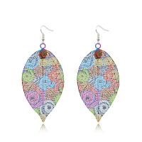 Brass Drop Earring, Leaf, printing, Tole Paintng, mixed colors 