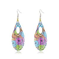 Brass Drop Earring, Feather, printing, Tole Paintng, mixed colors 