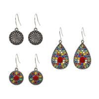 Enamel Zinc Alloy Drop Earring, Geometrical Pattern, antique silver color plated, three pieces, mixed colors 