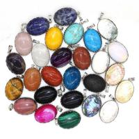 Gemstone Brass Pendants, with Gemstone, Oval, silver color plated, Unisex 
